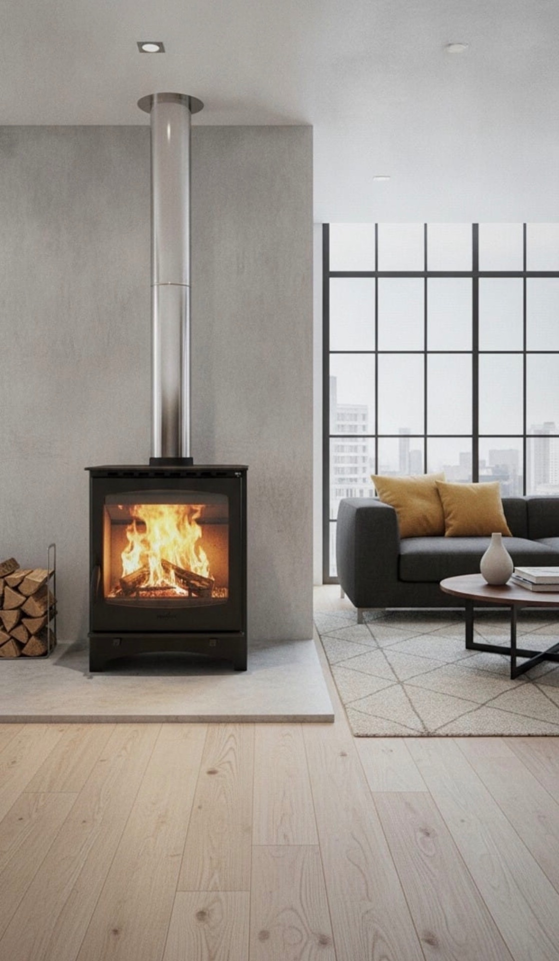Magma 18kW – Large Slow Combustion Stove with Wood Storage | Single Sided — Wood Fireplaces · Progress Group