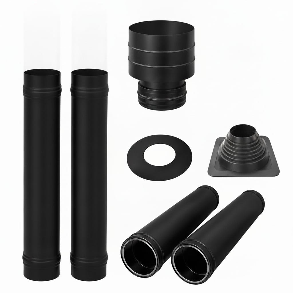 Complete 130 mm flue kit included with the Magma 10kW special — pipes, ceiling plate, top flashing